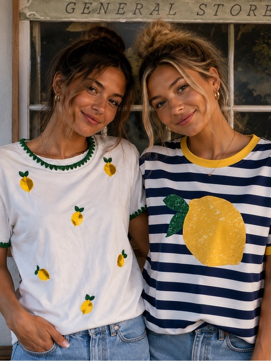 SHEIN Tops - Two Lemon Graphic Tee - White & Navy